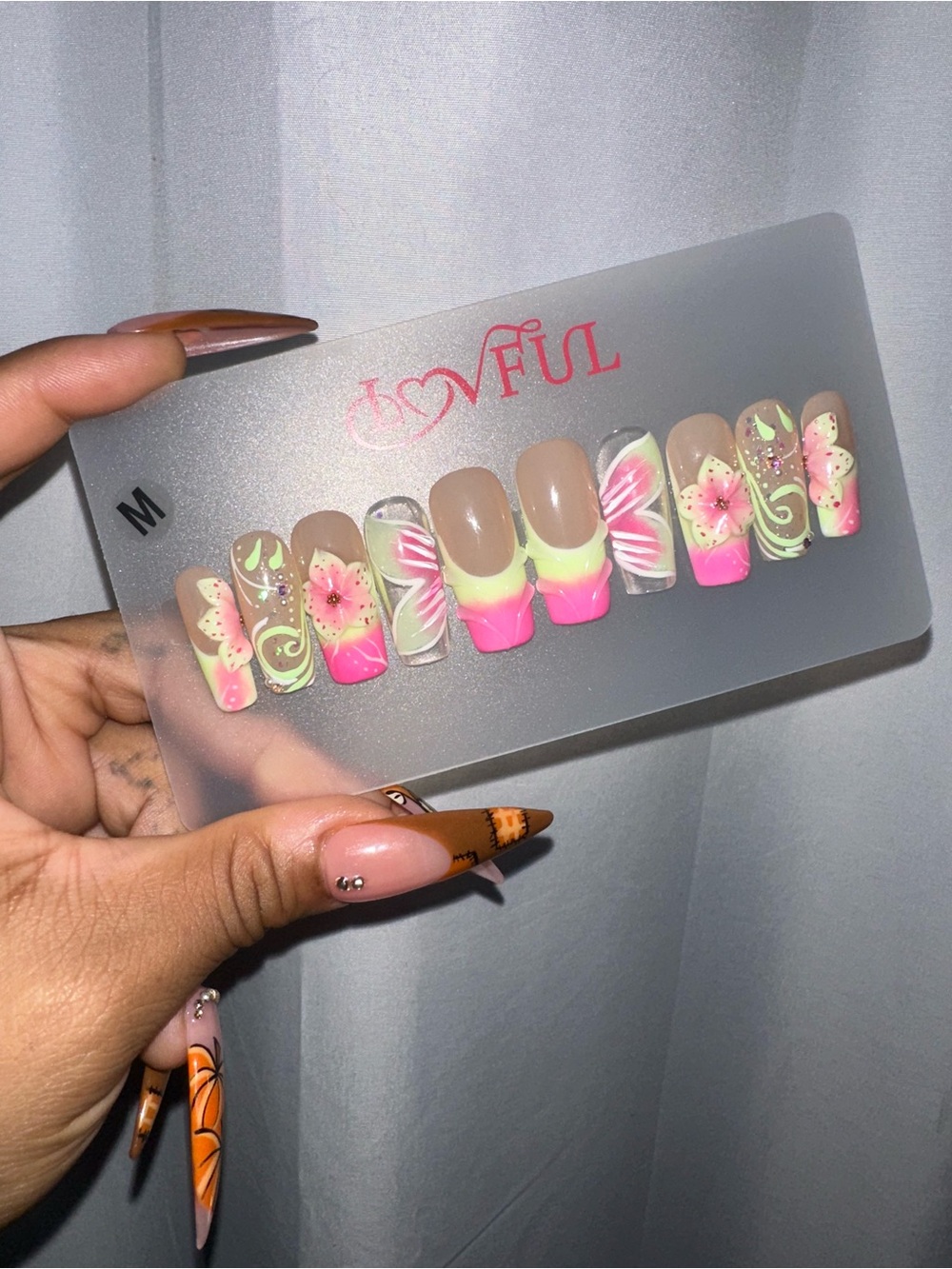 Pink & Neon Green Floral Press-On Nails